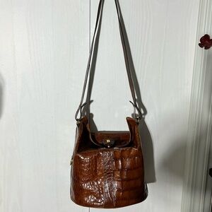 Bally Brown Croc-Embossed Leather Shoulder Bag